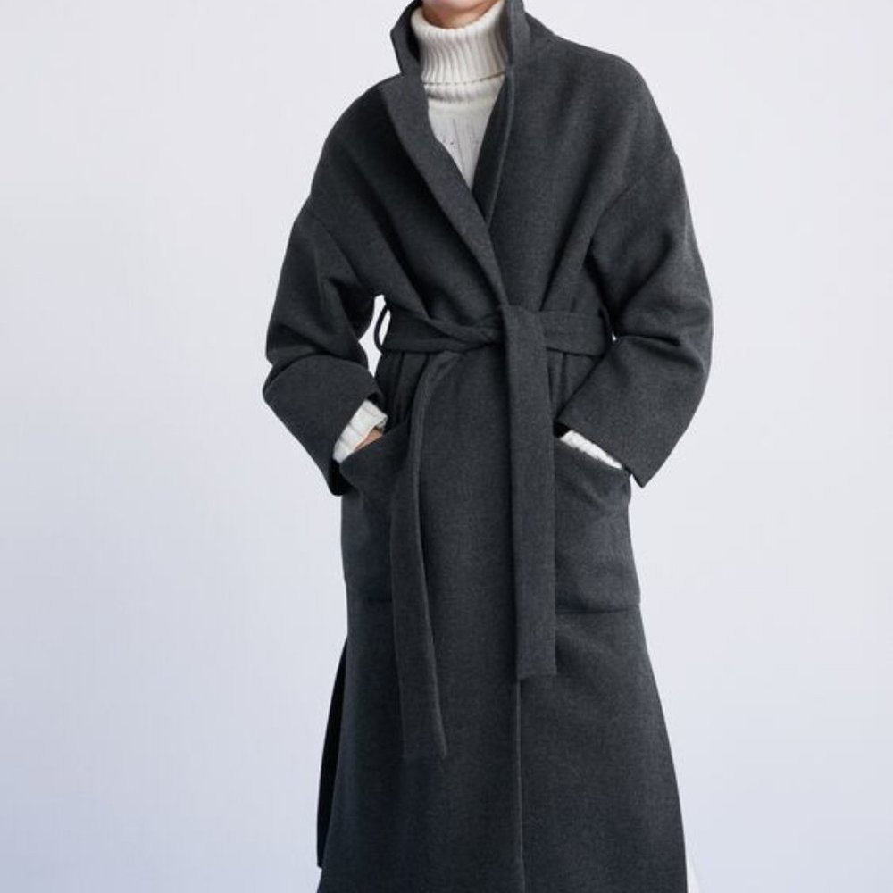 Zara Dark Charcoal Gray Belted Wrap Trench Coat